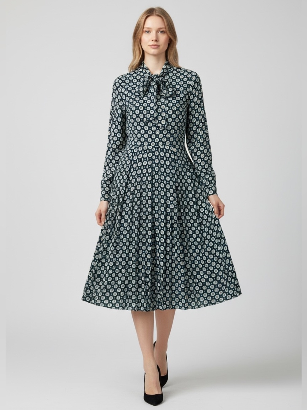 Brooks Brothers Black and White Floral Tie-Neck Midi Dress size 10